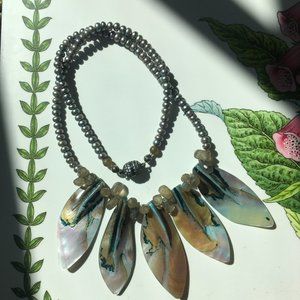 Exquisite natural iridescent shell, labradorite and peacock pearl necklace